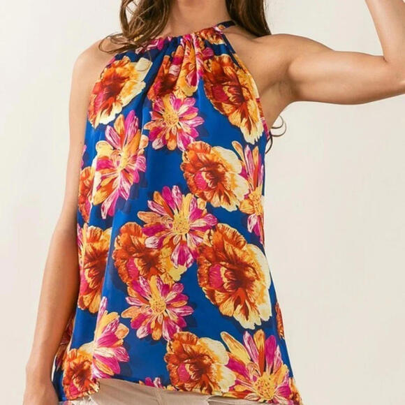 Tops - Silky Flower Satin Halter Top